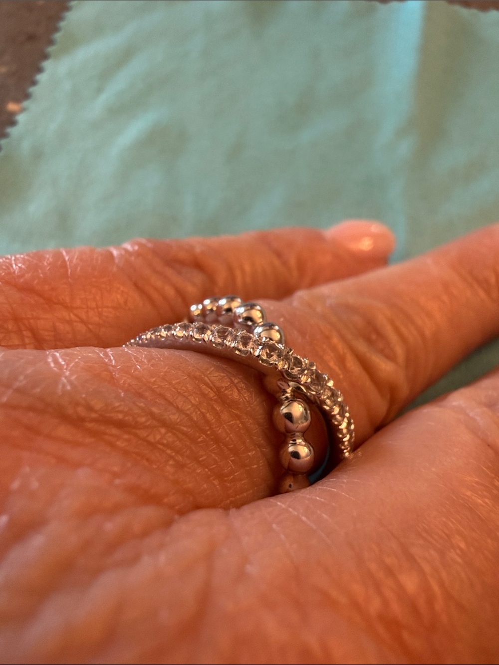 Beaded White Sapphire criss cross ring. 925 silver